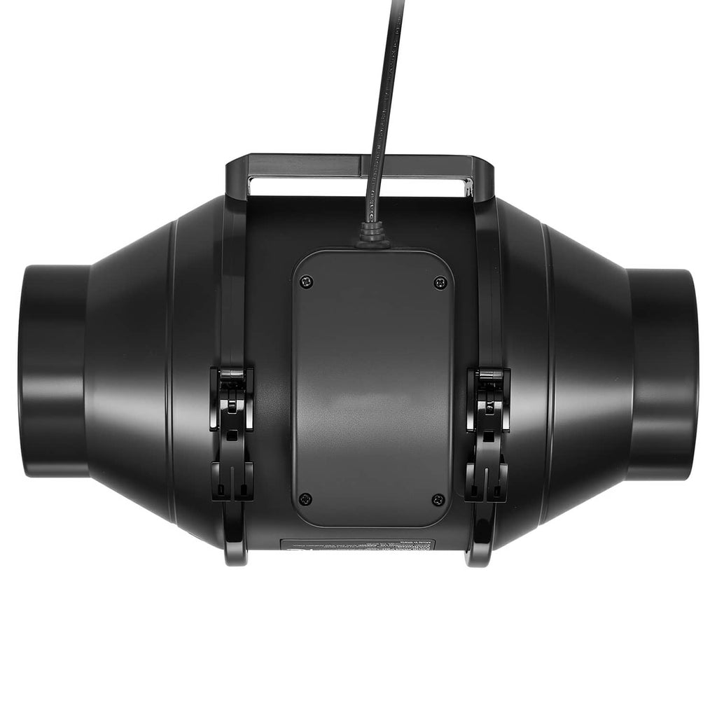 Black 4-inch inline duct fan from rear view, showing wiring cable and mounting brackets.