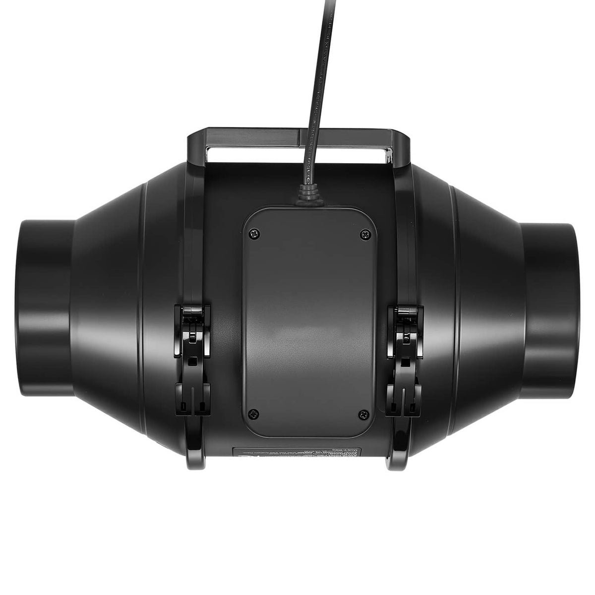 Black 4-inch inline duct fan from rear view, showing wiring cable and mounting brackets.