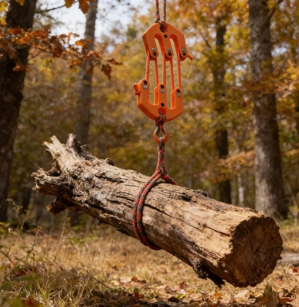 Orange block and tackle hoist secured to a log with braided ropes