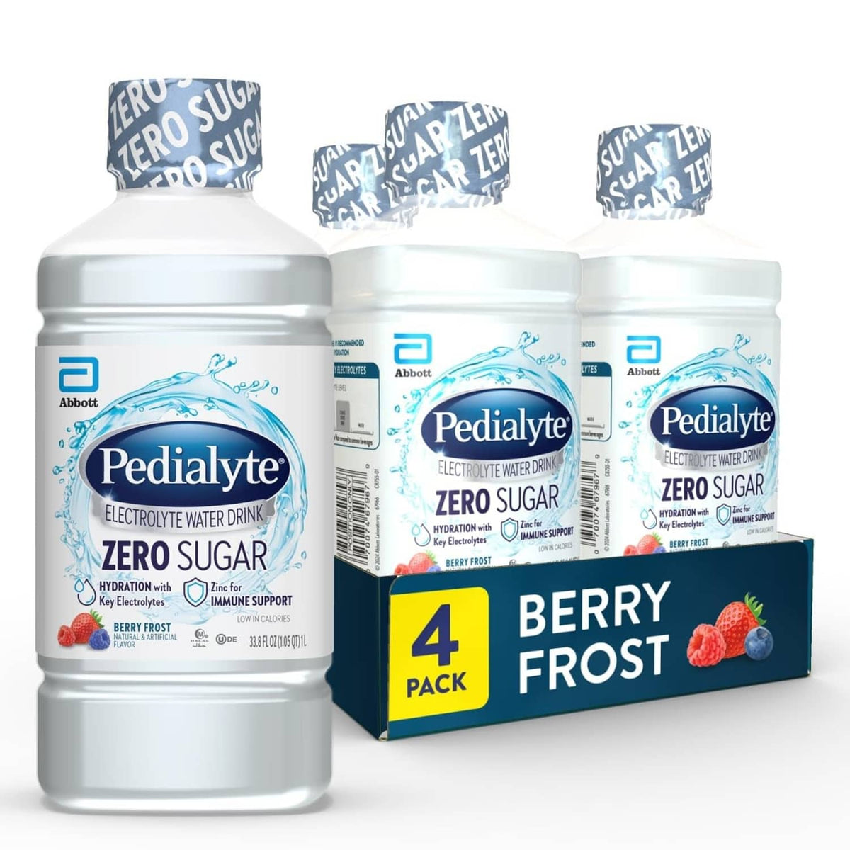 Pedialyte Zero Sugar electrolyte water, Berry Frost 4-pack bottle set