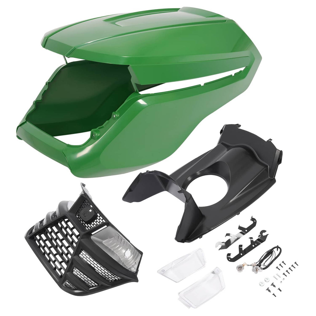 Green side panel and upper hood grille with black headlight assembly kit parts