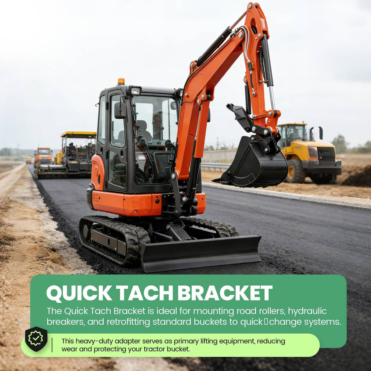 Quick-attach bucket bracket arms on an excavator-style bucket mount, with mounting holes