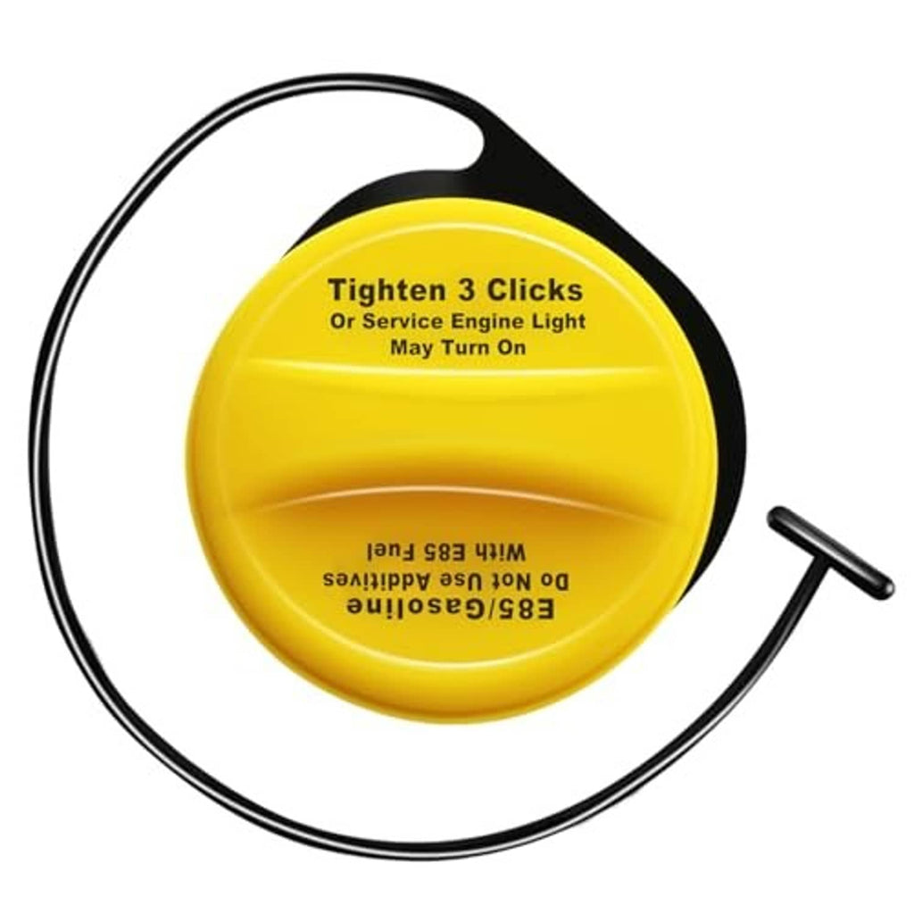 Yellow E85 fuel cap close-up with black tether wire and 'Tighten 3 Clicks' text