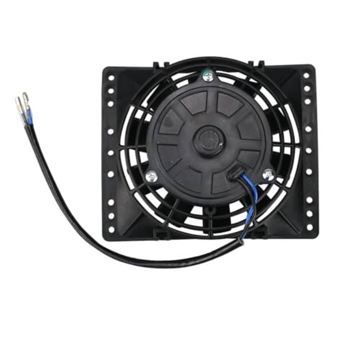 Black 6-inch radiator cooling fan with grille, circular hub, and power wires