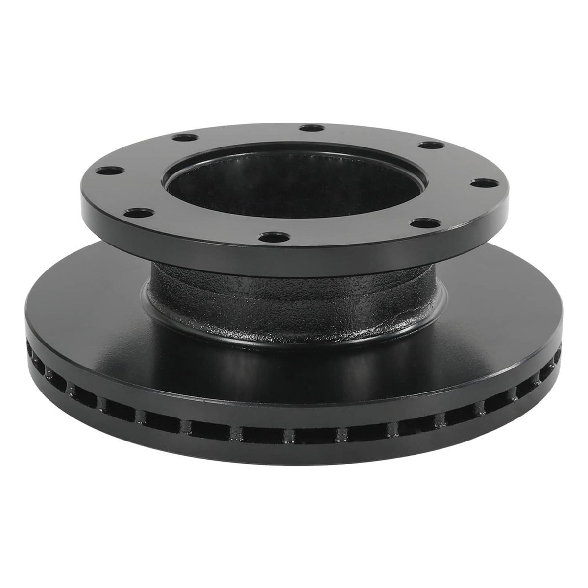 Vented bolt-on disc brake rotor with drilled mounting holes and slotted outer edge