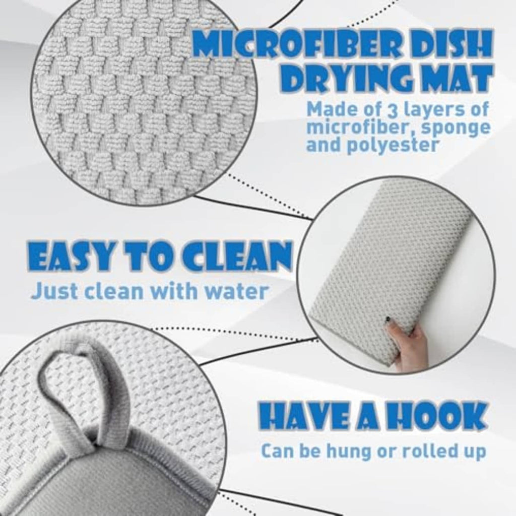 Gray microfiber dish-drying mat texture close-up; absorbent weave with hanging loop detail.