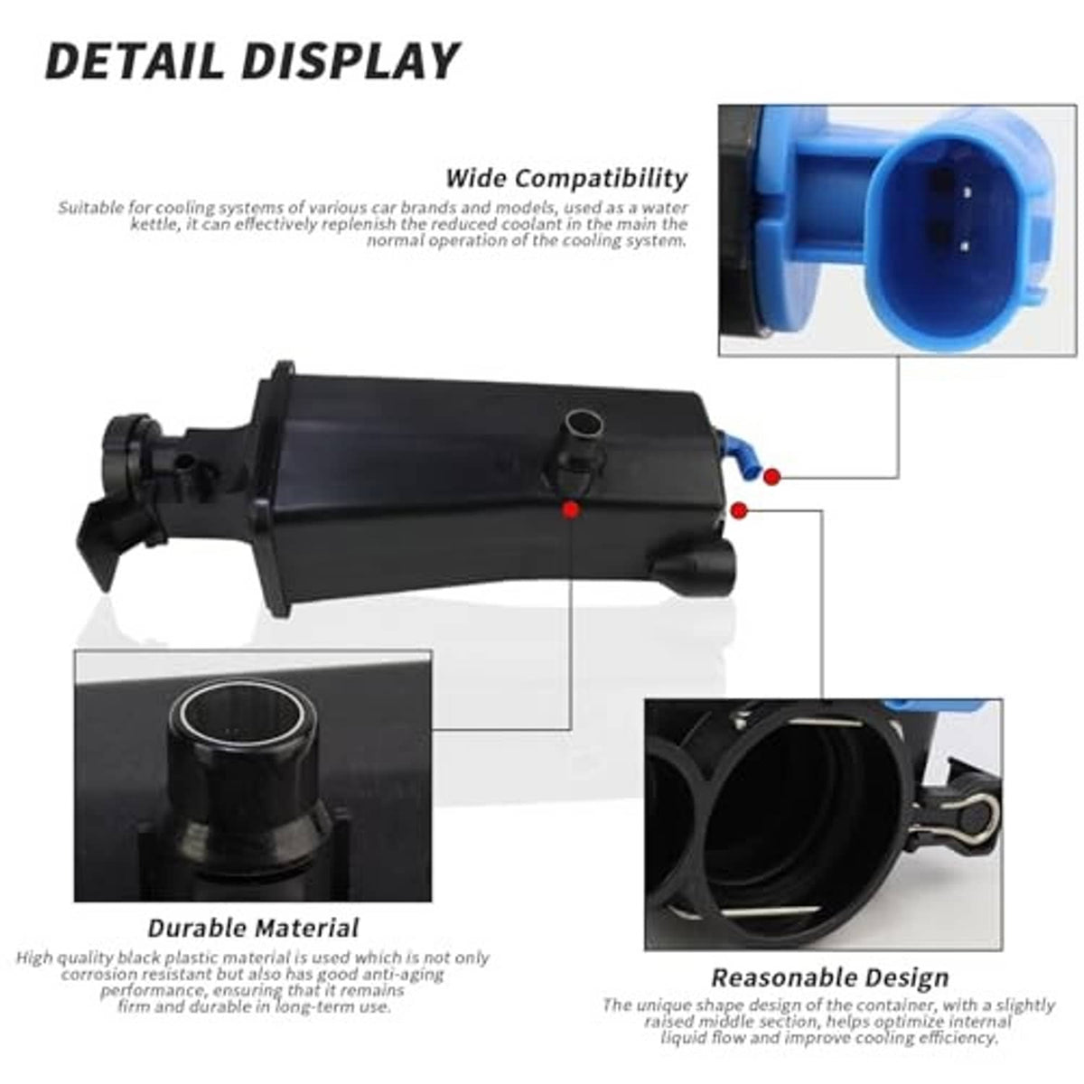 Engine coolant overflow reservoir tank with blue connector nozzle and mounting parts