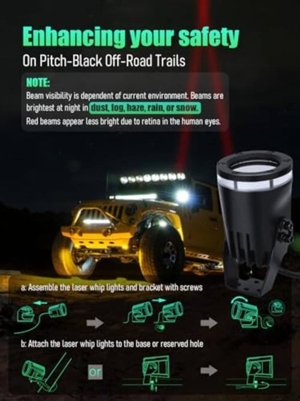 Black laser whip light on bracket emitting bright beam for off-road visibility