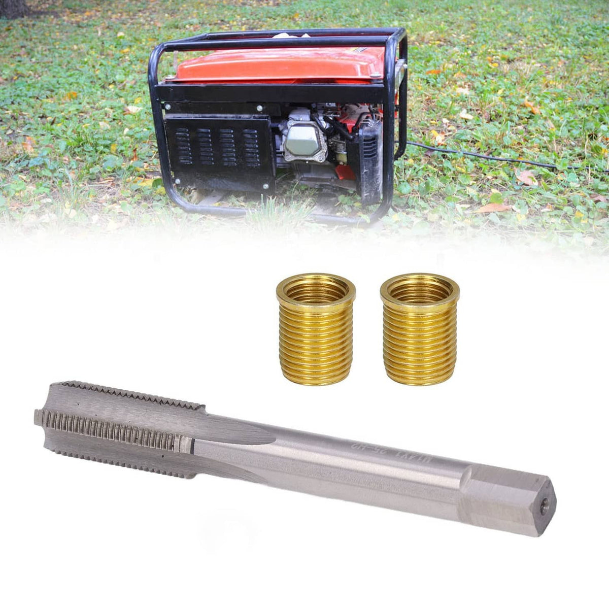 Helicoil-style thread insert set with long tap tool and two gold coil inserts