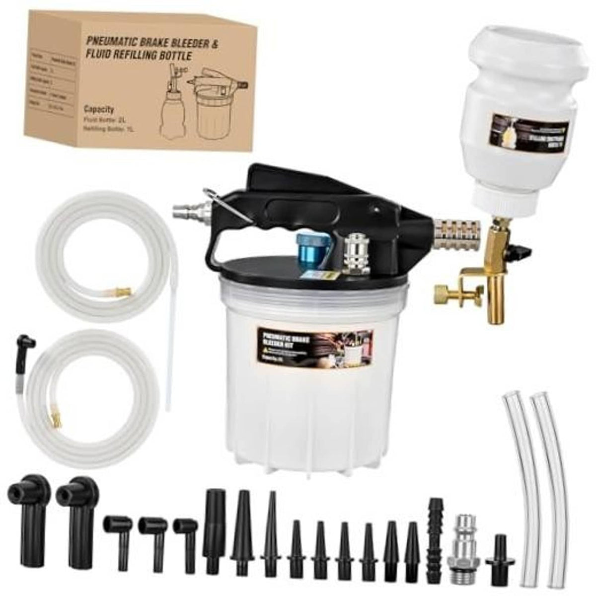 Brake vacuum brake bleeder kit with reservoir bottle, trigger handle, hoses, adapters, fittings