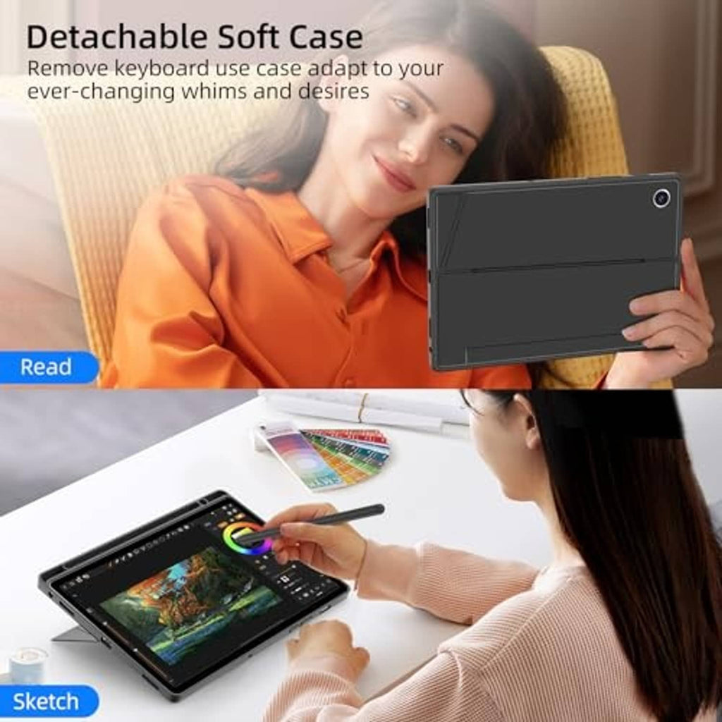 Magnetic tablet keyboard case with detachable soft cover shown in use with tablet