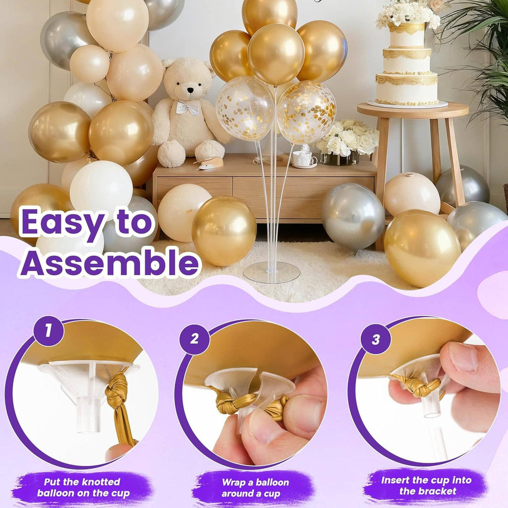 Balloon stand kit holding balloon clusters with white poles and round bases
