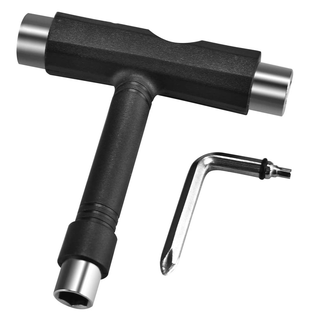 Black skateboard T-tool with socket end and L-shaped hex key