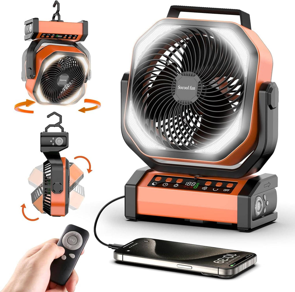 Rechargeable camping fan with light, orange and black portable fan with front grille
