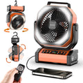 Rechargeable camping fan with light, orange and black portable fan with front grille