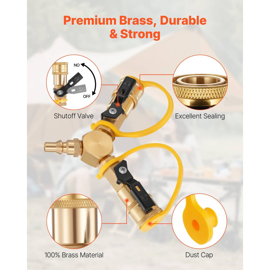 Brass propane splitter adapter with shutoff valve, sealed ports, and dust cap