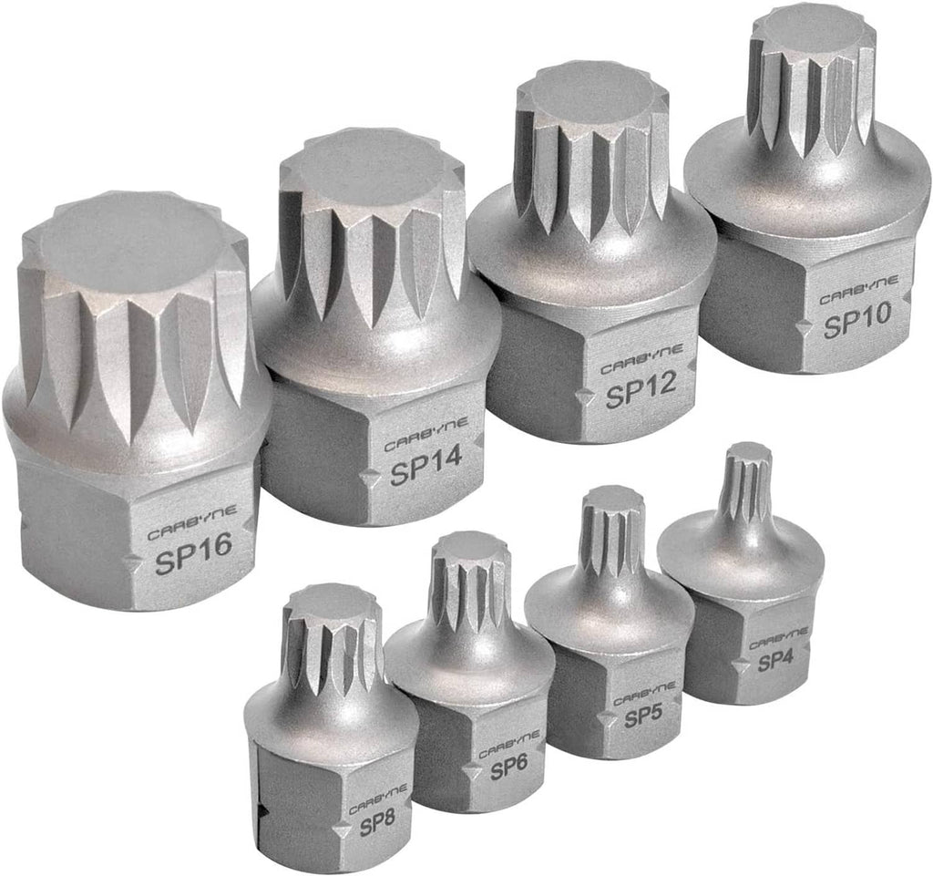 Set of silver S2 steel triple-square socket bits with SP4, SP5, SP6, SP8, SP10 markings