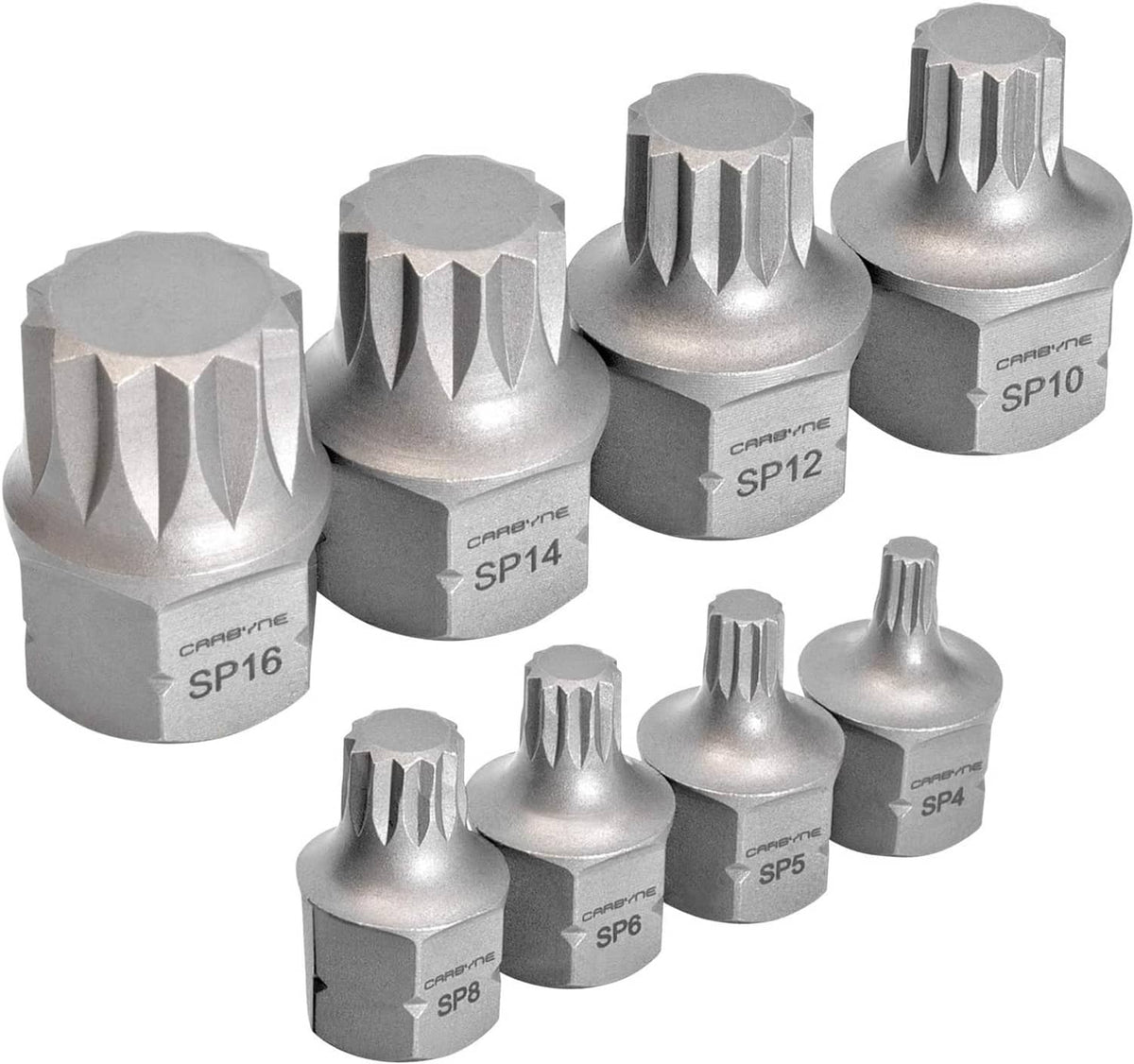 Set of silver S2 steel triple-square socket bits with SP4, SP5, SP6, SP8, SP10 markings