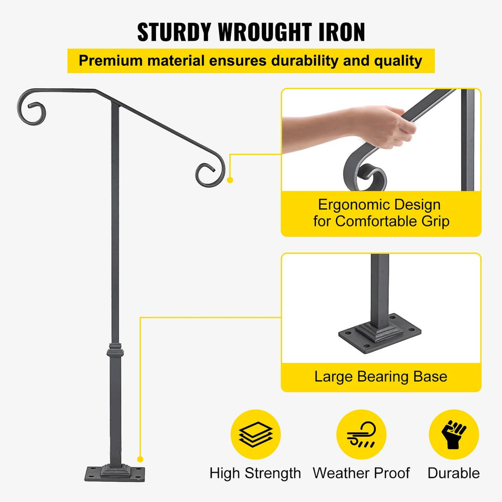 Matte gray wrought iron single post handrail with ergonomic curved handle grips.