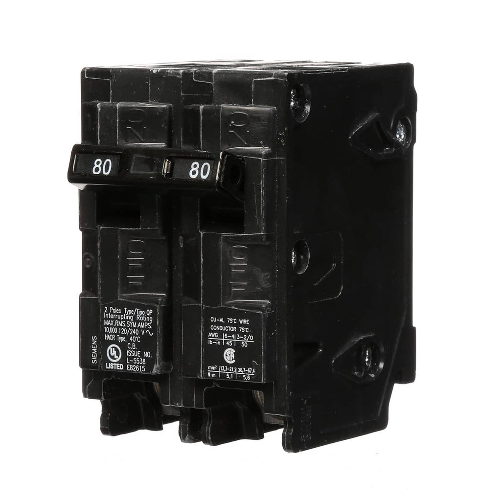 80-amp double-pole circuit breaker with two 80A switches, black Siemens QP