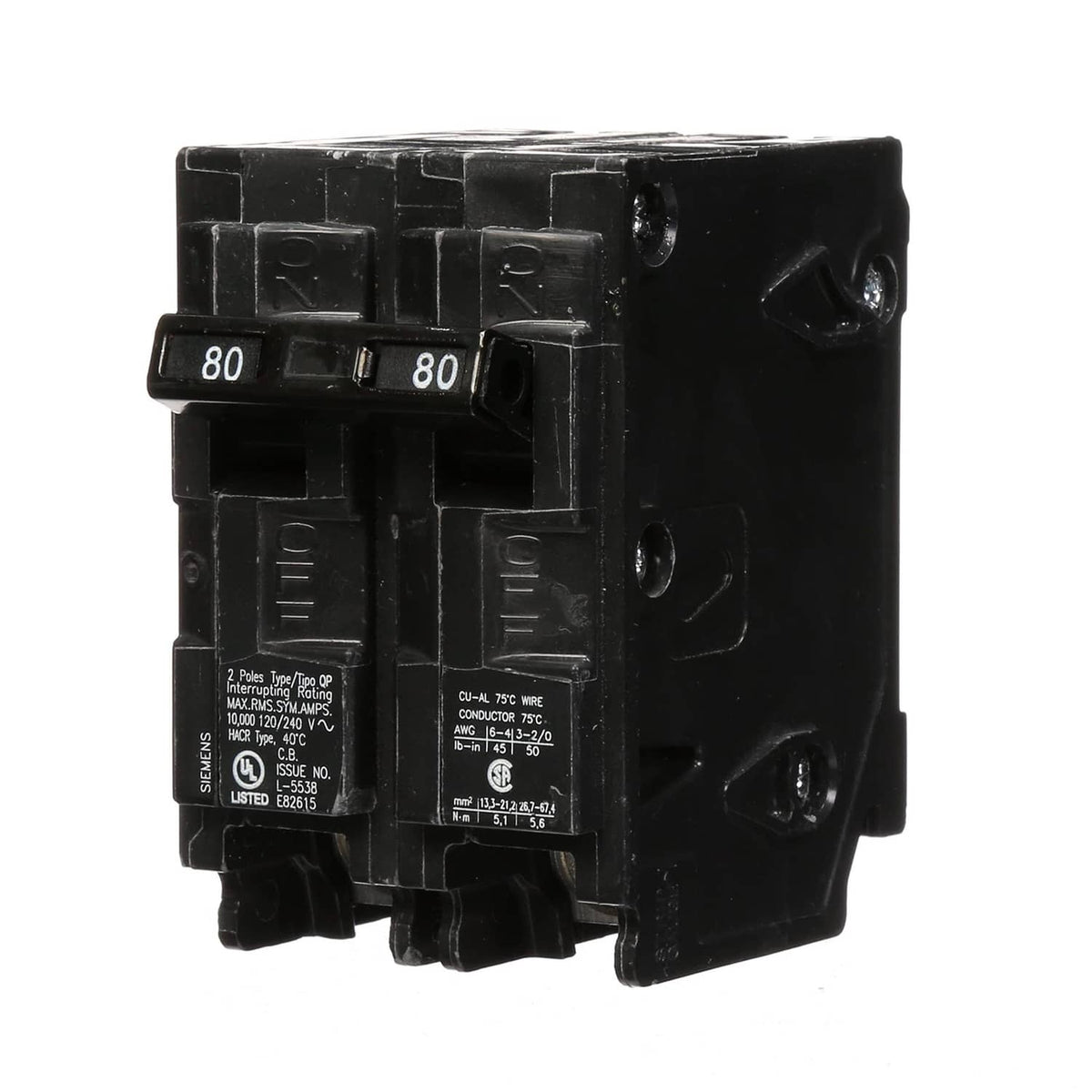 80-amp double-pole circuit breaker with two 80A switches, black Siemens QP