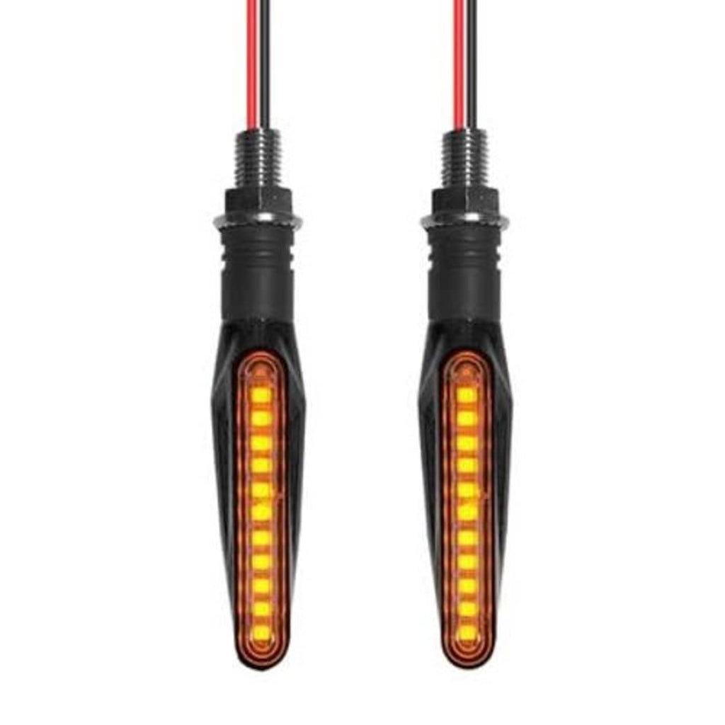 Pair of black motorcycle LED turn signals with amber sequential light bars and red wires