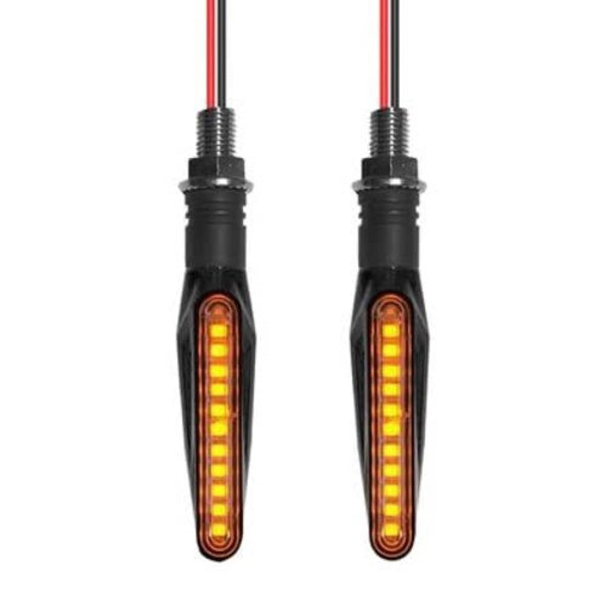 Pair of black motorcycle LED turn signals with amber sequential light bars and red wires