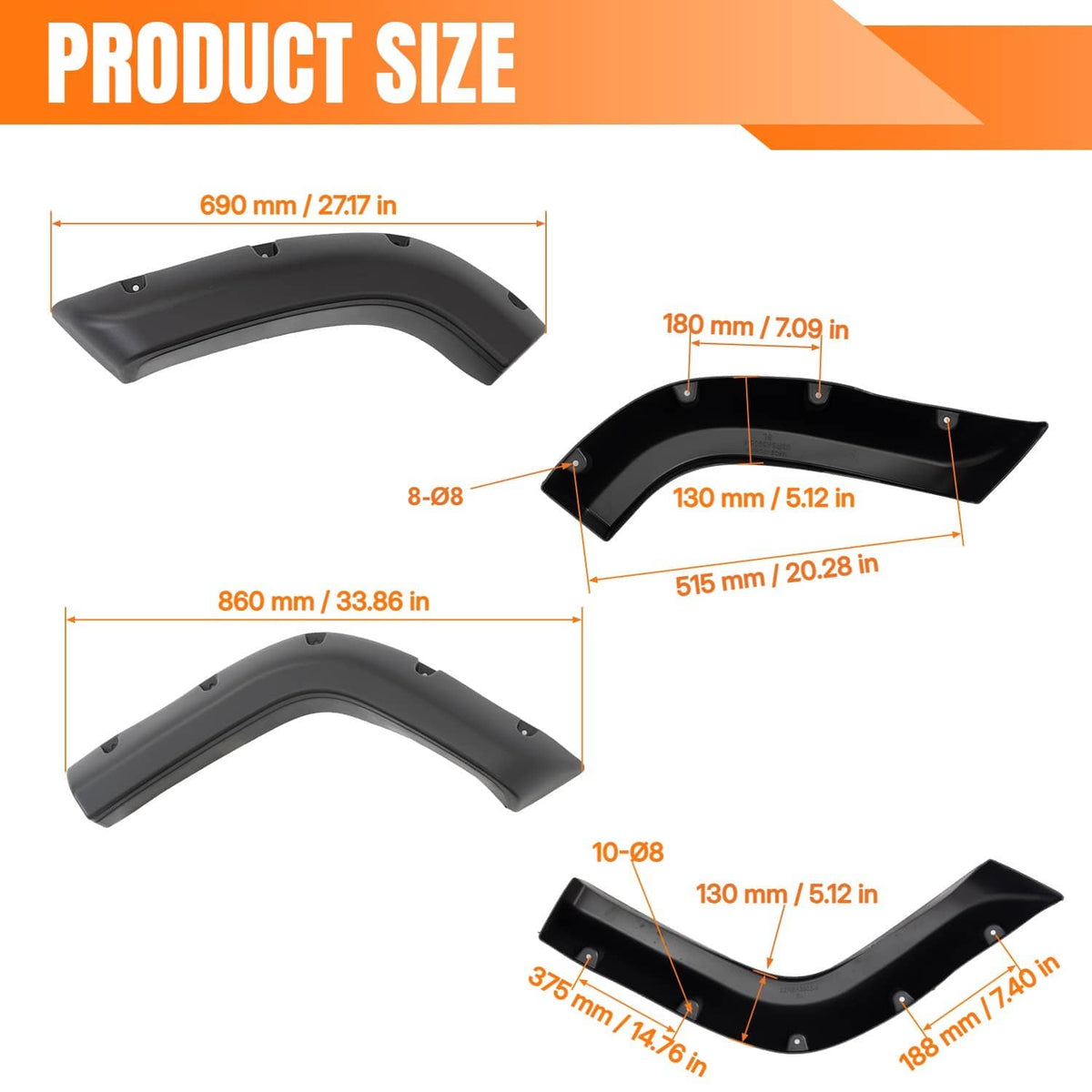 Black fender flare kit product size diagram showing multiple flare shapes