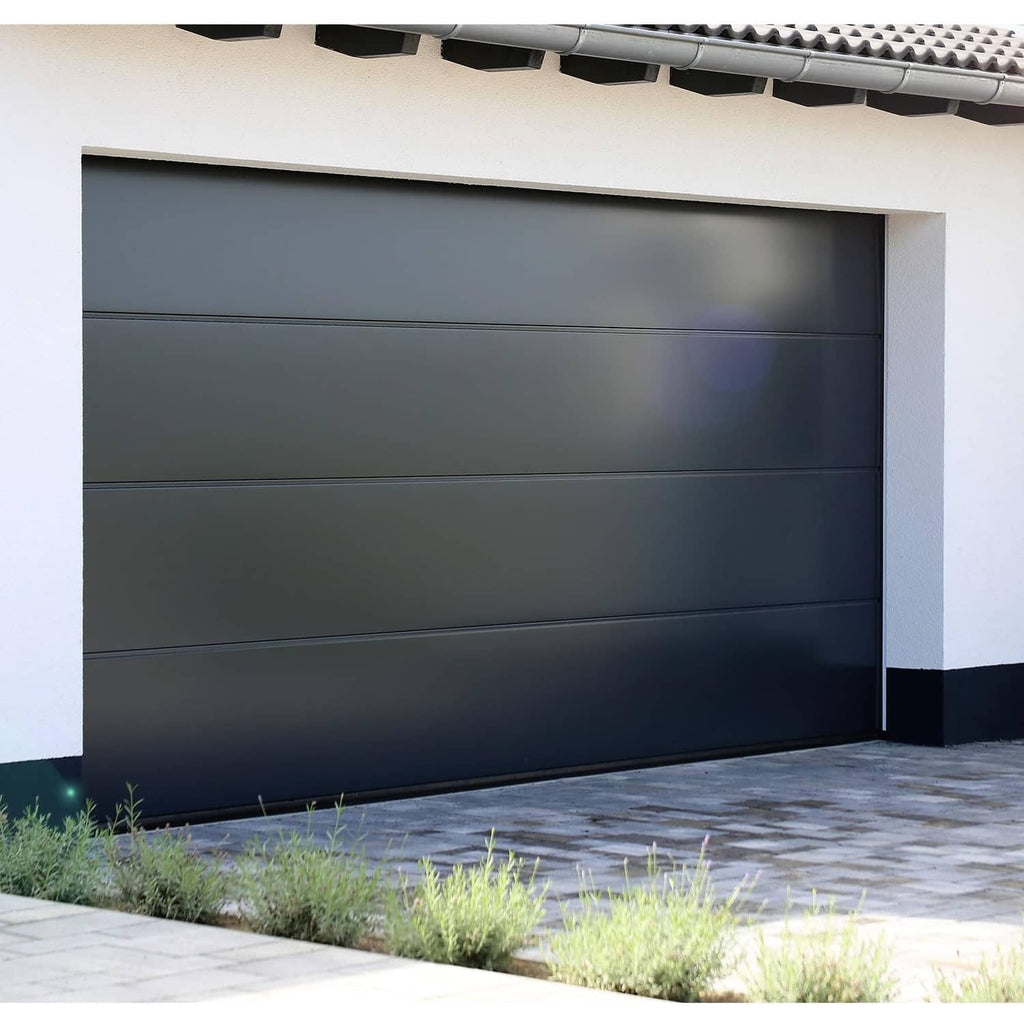 Closed dark garage door with track and header area