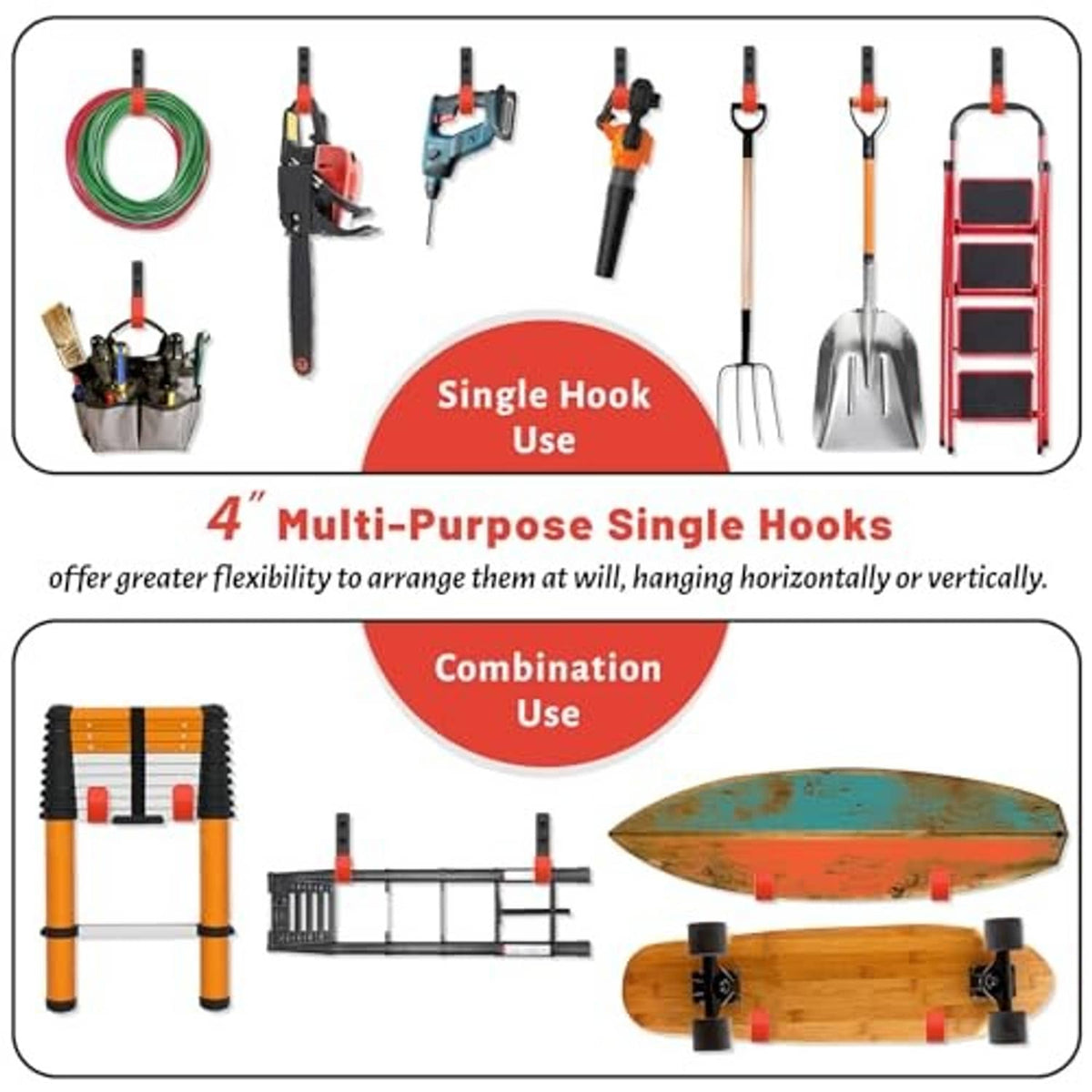 Red single wall hooks, 4-inch heavy-duty hook set on hanging display card