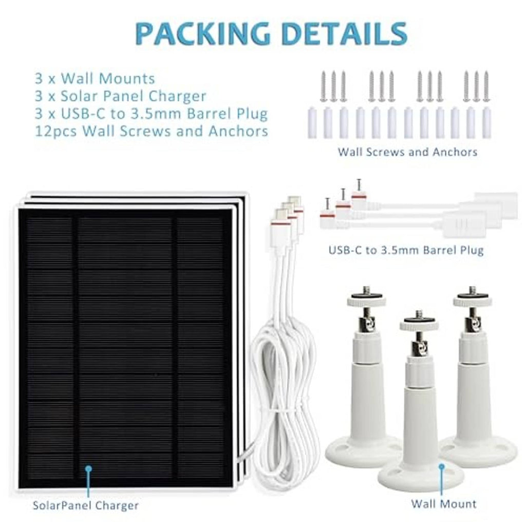 Solar panel charger kit components: panel, cables, and three wall mounts with plugs