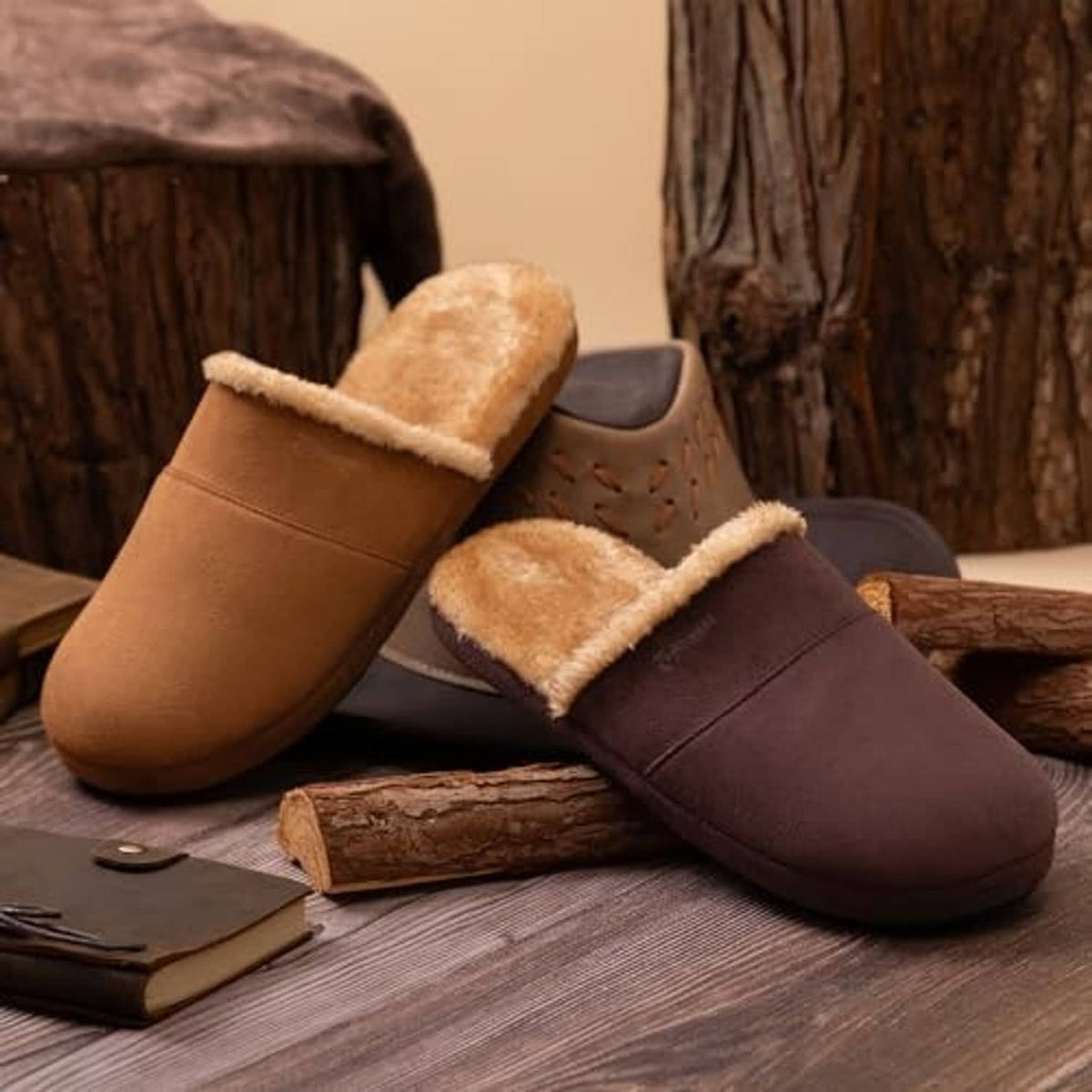Tan and dark brown fuzzy scuff slippers with sherpa-style cuffs and slip-on design