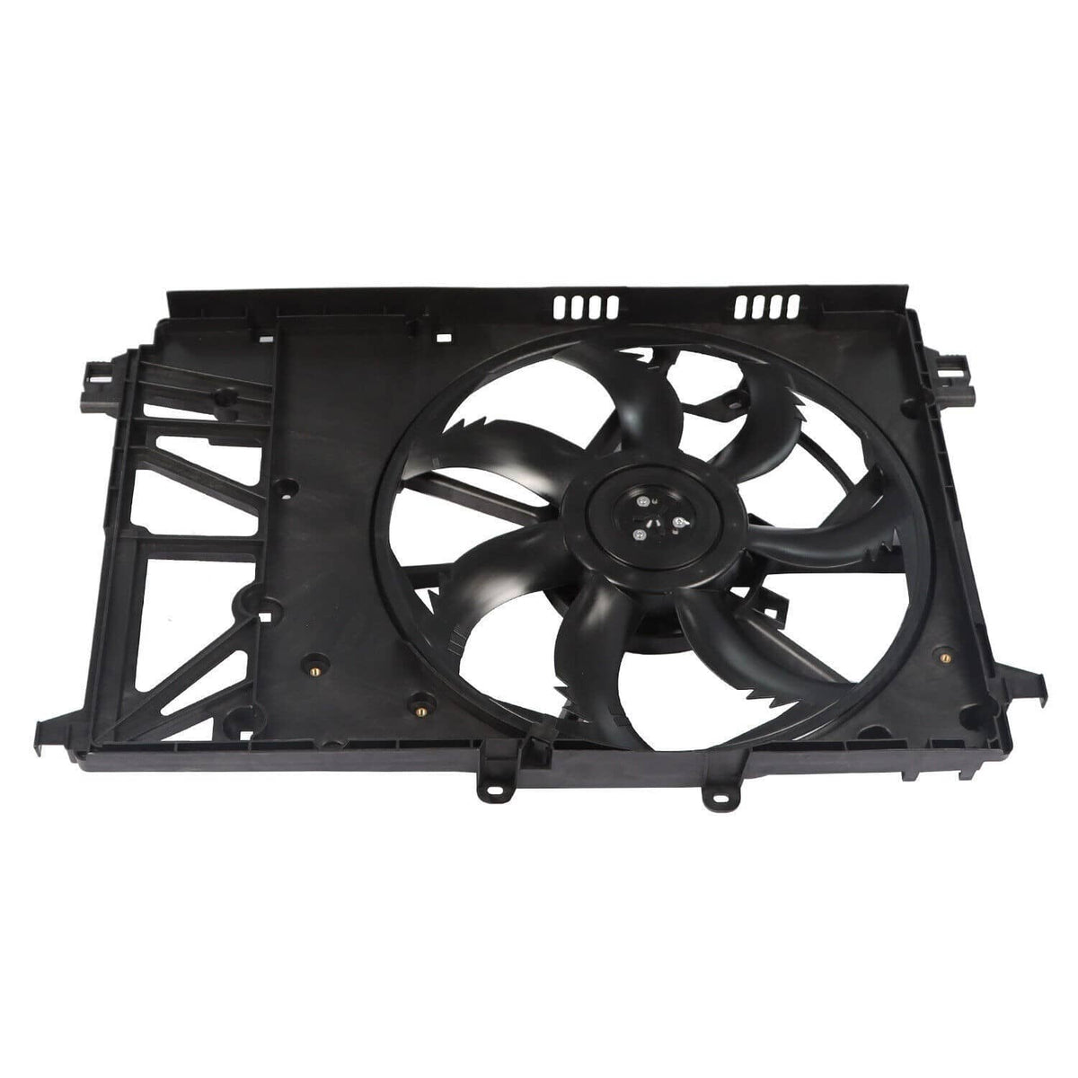 Radiator cooling fan assembly front view, black fan shroud with four curved blades