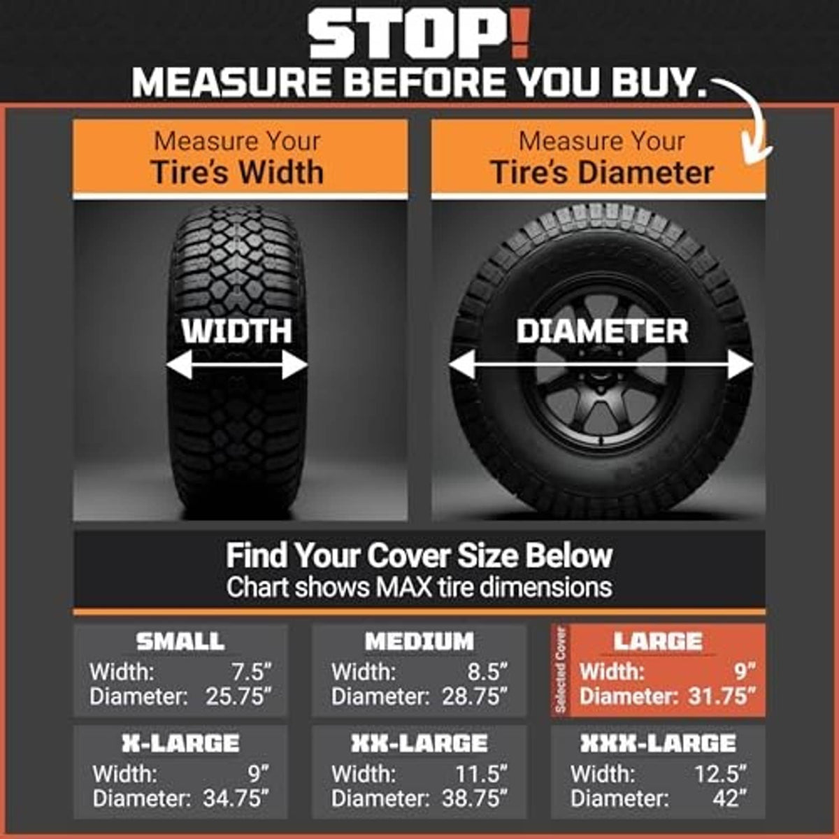 Tire cover size chart for small to large, showing width and diameter measurements