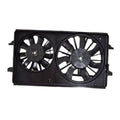 Black two-wheel radiator cooling fan assembly with dual circular fan blades in shroud