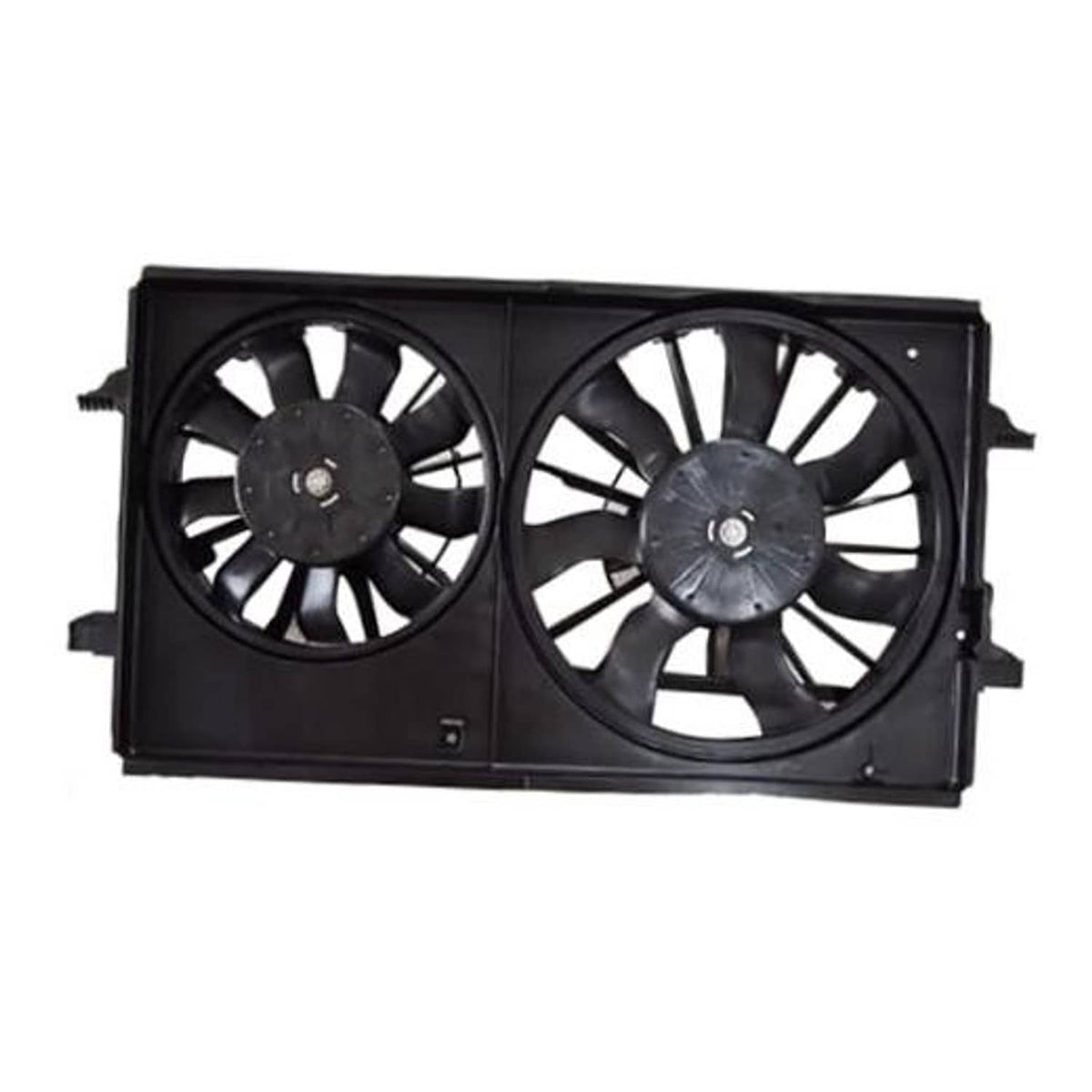 Black two-wheel radiator cooling fan assembly with dual circular fan blades in shroud