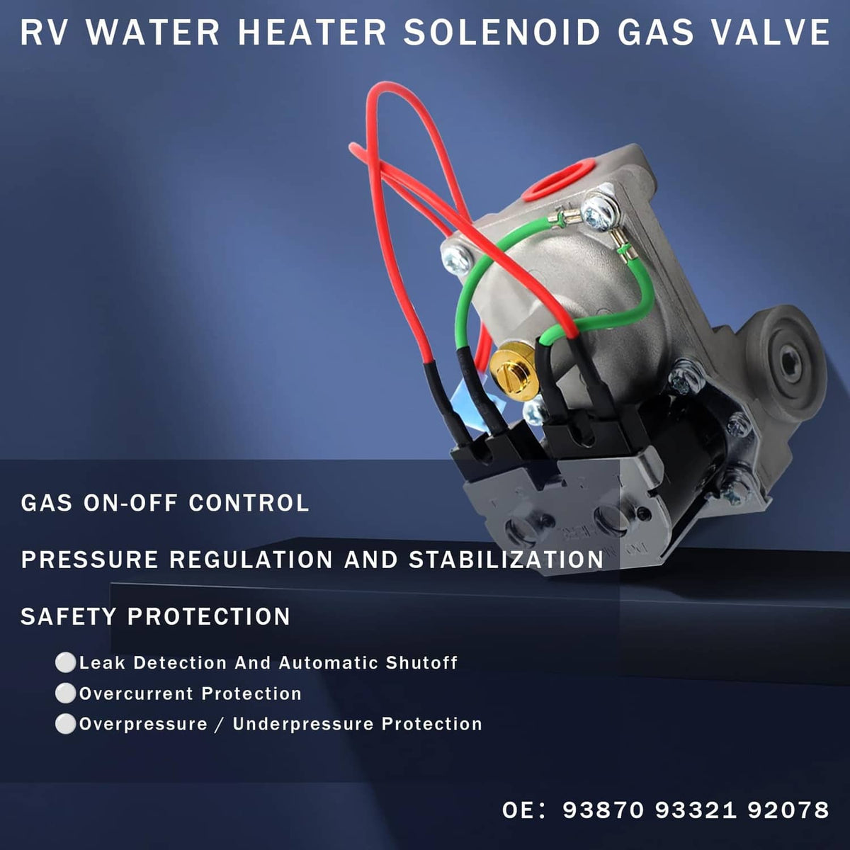 RV water heater gas solenoid valve with attached wiring and mounting bracket