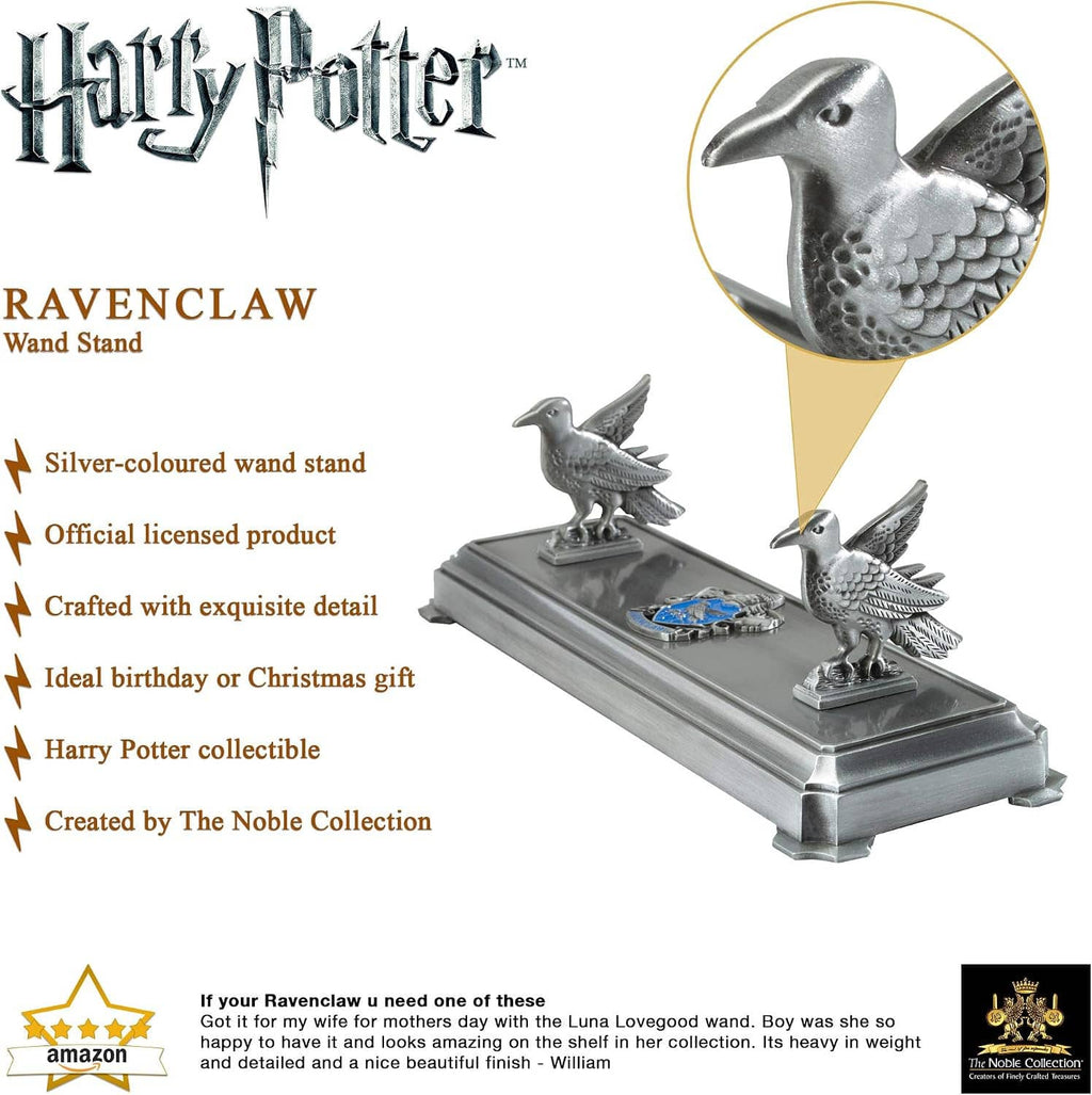 Ravenclaw-themed silver wand stand with two raven figures and blue inlay