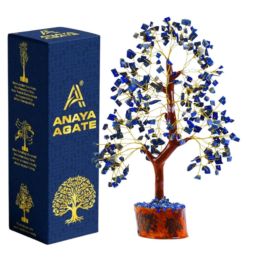 Lapis lazuli crystal tree with golden wire branches and amber wooden base, in gift box