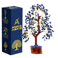 Lapis lazuli crystal tree with golden wire branches and amber wooden base, in gift box