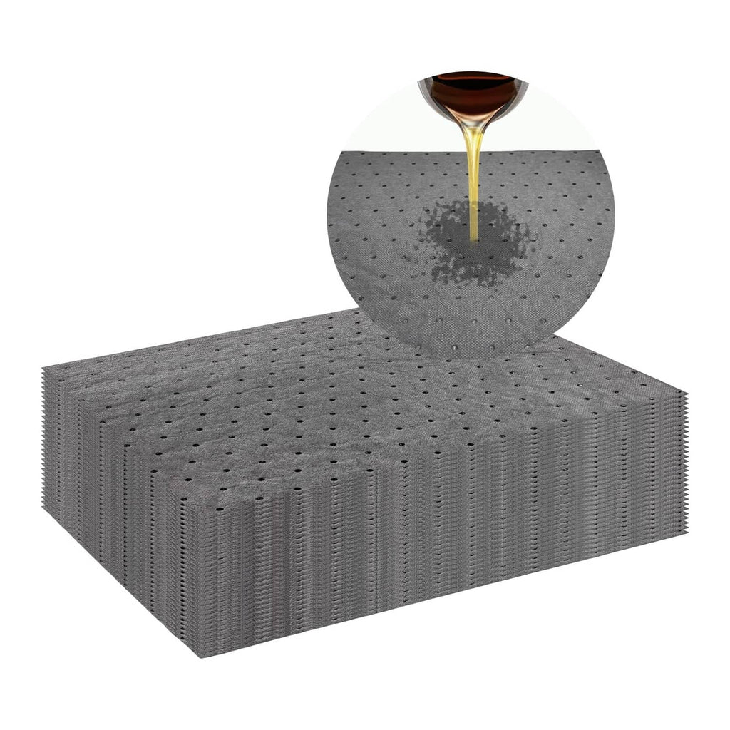 Gray oil absorbent pads with perforated surface, layered stack for cleaning spills