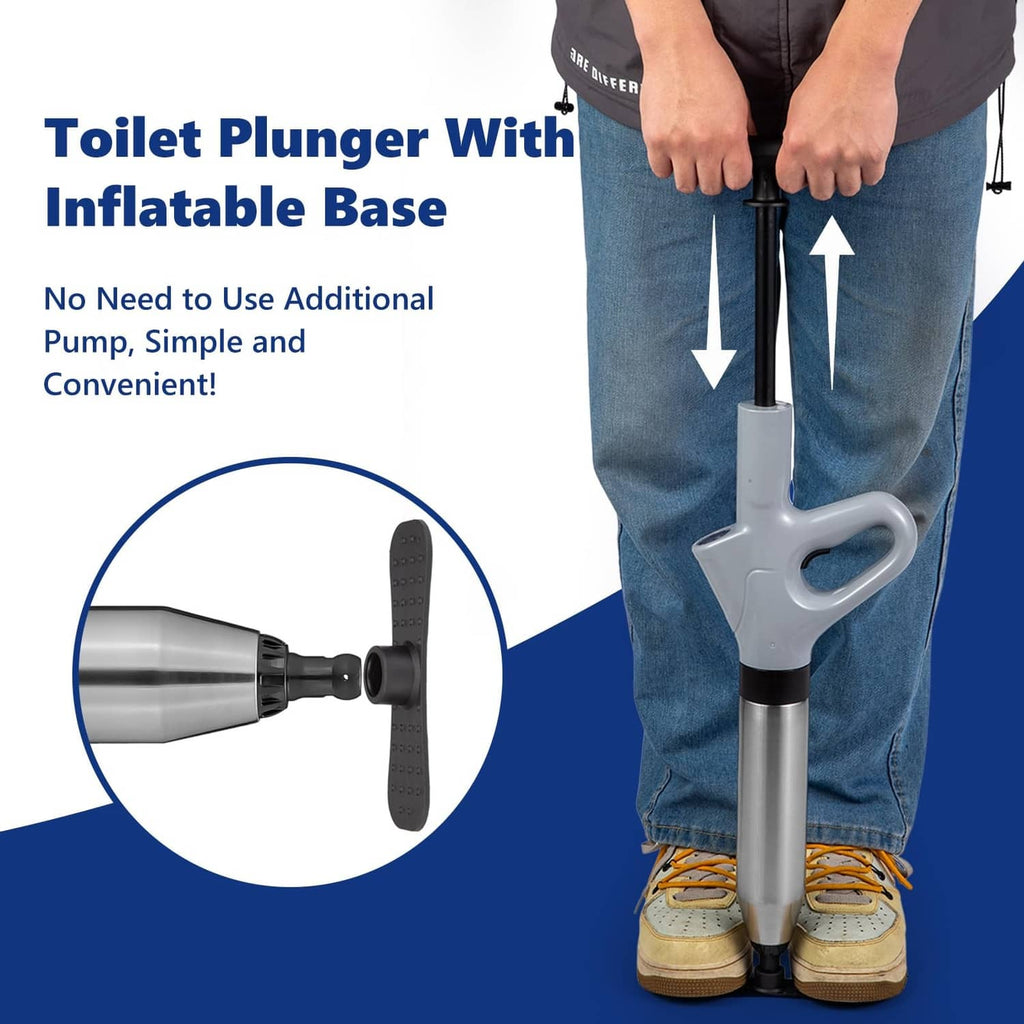 Gray toilet air plunger with inflatable base, held upright by a user