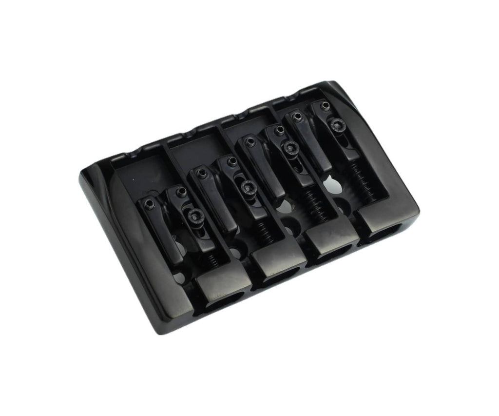 Black 4-string fixed bass guitar bridge with four saddles and adjustment screws