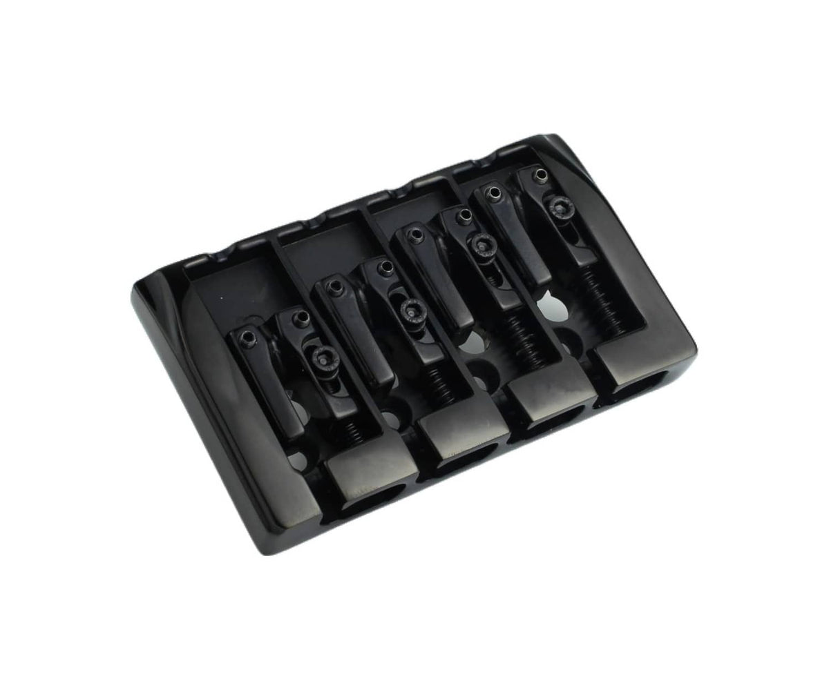 Black 4-string fixed bass guitar bridge with four saddles and adjustment screws