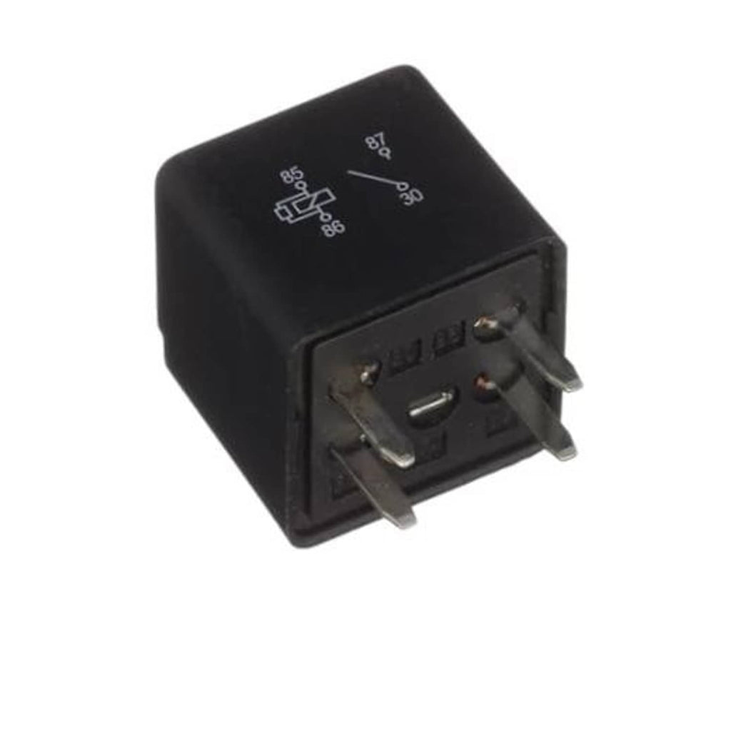 Black multi-purpose relay with printed markings and two blade pins
