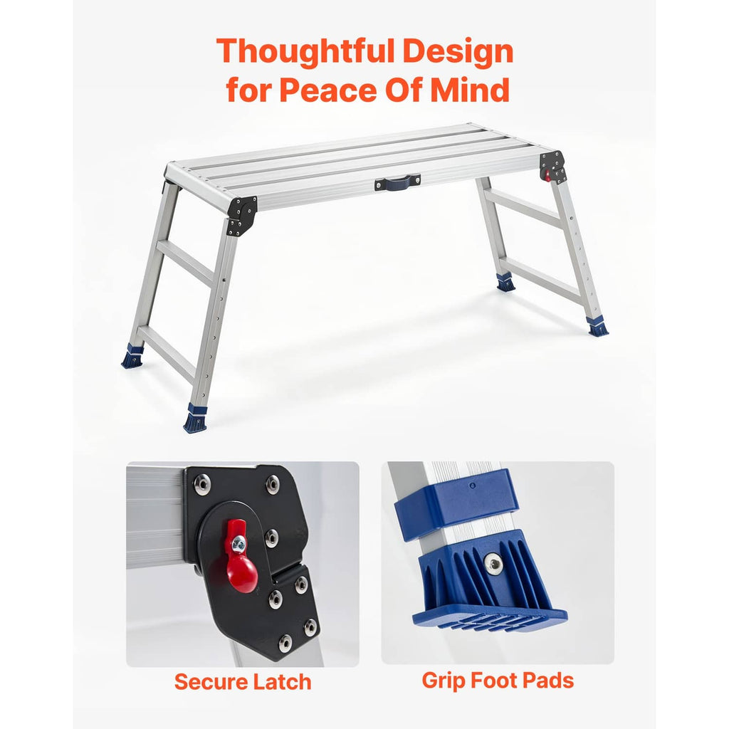 Adjustable folding work platform with secure latch and grip foot pads