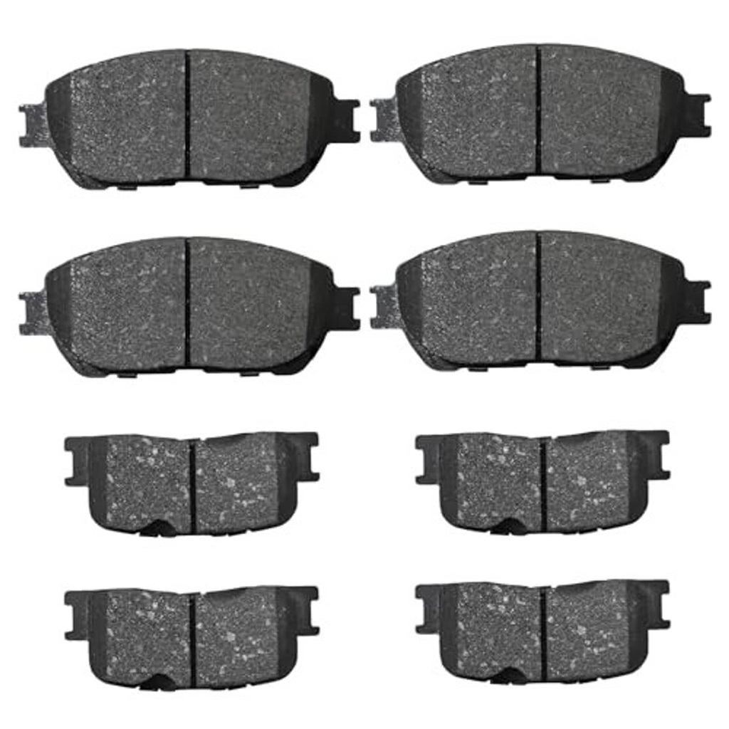 Ceramic brake pad set showing 8 dark gray pads with integrated metal hardware tabs