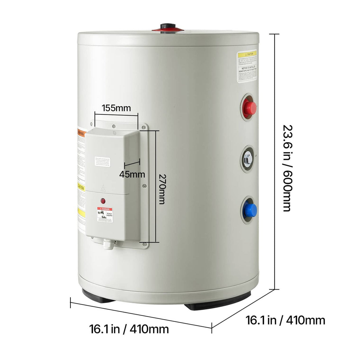 White electric water heater with dimensions shown and side control knobs