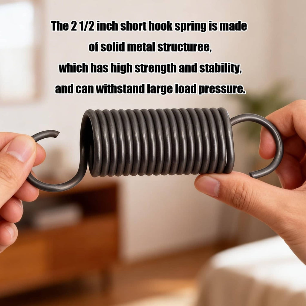 Short hook tension coil spring, dark gray metal coils with curved hook ends