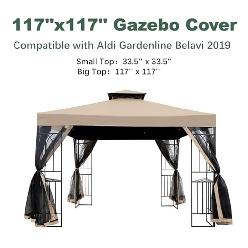 Light beige gazebo replacement cover with black side curtains and open entrance